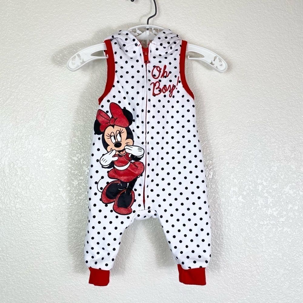 0-3M Disney Baby Minnie Mouse White Polka Dot Hooded Sleeveless Onesie